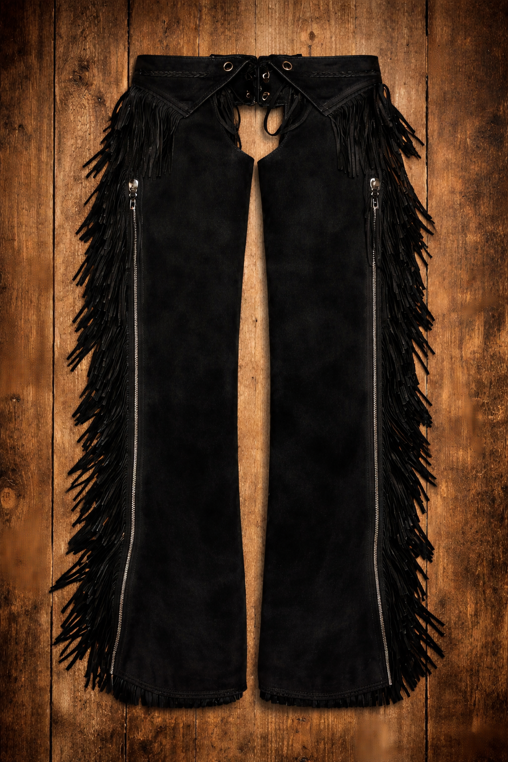 Black Suede Fringe Leather Chaps – 31” Length | Adjustable L/XL | Western Biker Statement