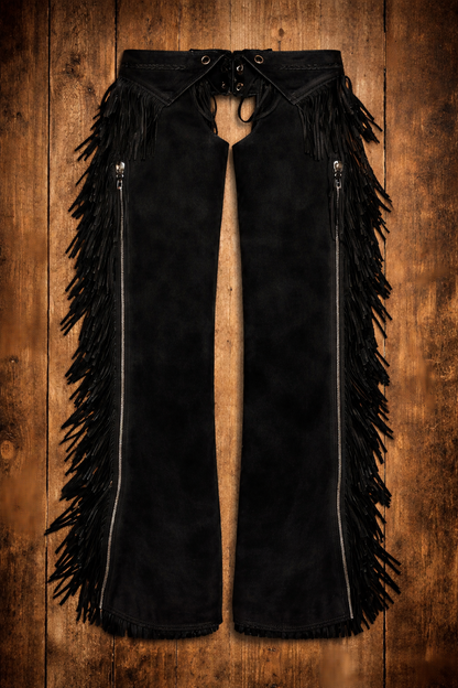 Black Suede Fringe Leather Chaps – 31” Length | Adjustable L/XL | Western Biker Statement
