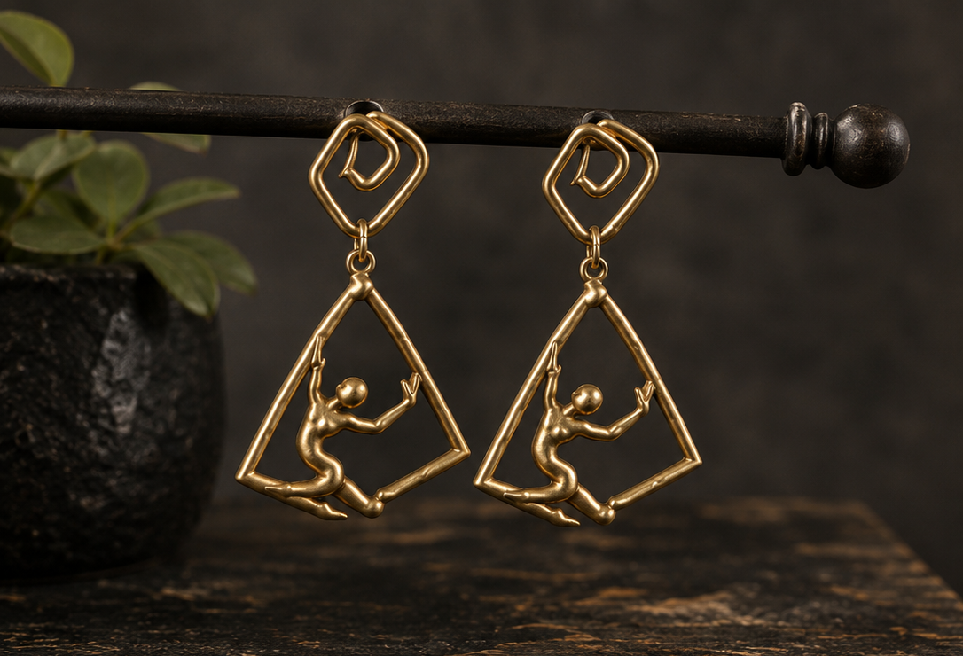 Gold Plated Abstract Figure Dangle Earrings Lightweight 2 Inch Post Earrings
