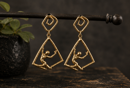 Gold Plated Abstract Figure Dangle Earrings Lightweight 2 Inch Post Earrings