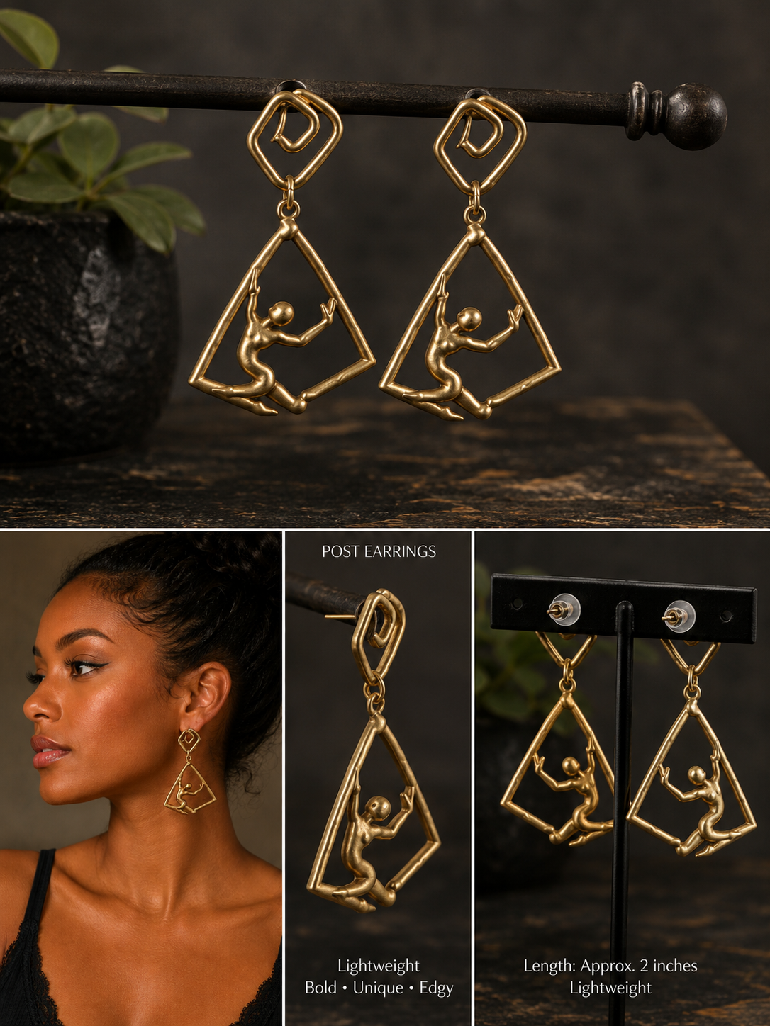Gold Plated Abstract Figure Dangle Earrings Lightweight 2 Inch Post Earrings