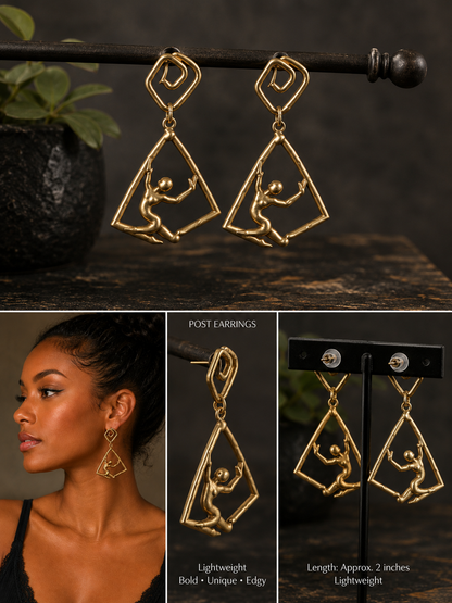 Gold Plated Abstract Figure Dangle Earrings Lightweight 2 Inch Post Earrings