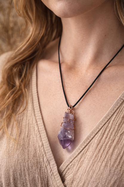 Awakened Amethyst Crystal Necklace – Wire Wrapped Healing Stone on Adjustable Leather