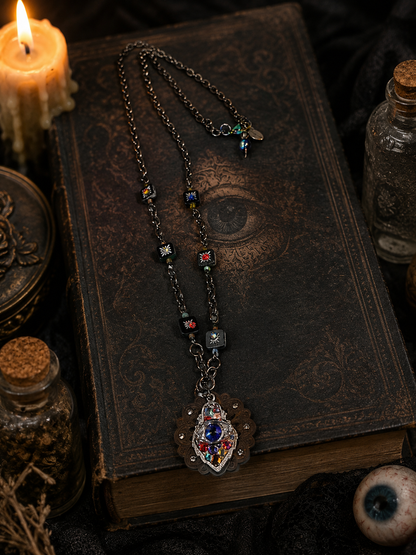 Swarovski Crystal Evil Eye Long Statement Necklace – Antique Bronze Mixed Metal Jewelry