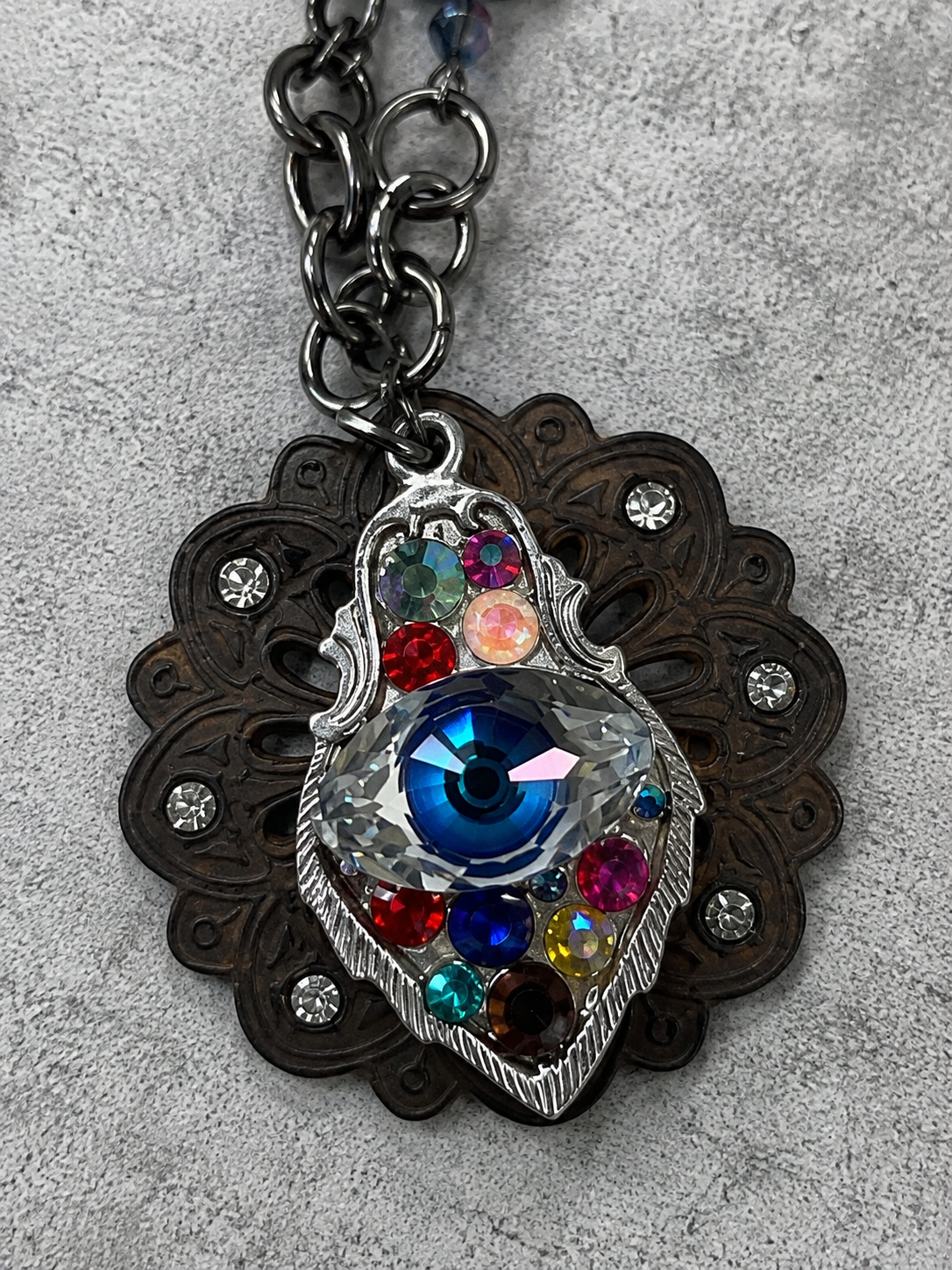 Swarovski Crystal Evil Eye Long Statement Necklace – Antique Bronze Mixed Metal Jewelry