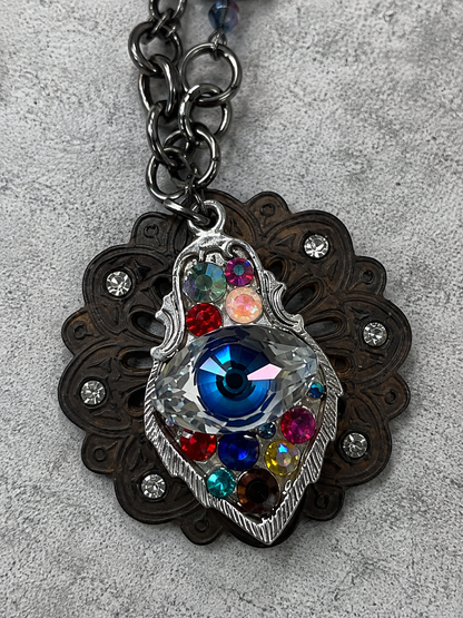 Swarovski Crystal Evil Eye Long Statement Necklace – Antique Bronze Mixed Metal Jewelry