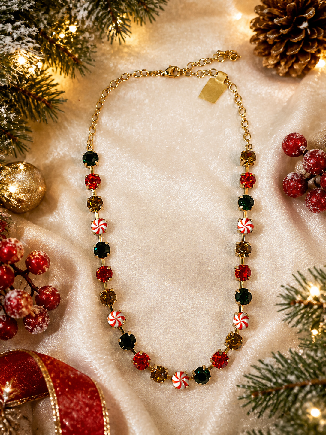 Handmade Christmas Crystal Necklace with Peppermint Candy Beads – Adjustable 16–20”