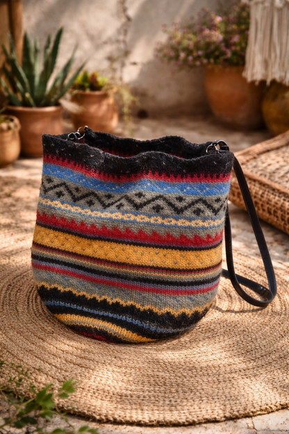 Bohemian Knit Bucket Bag – Wool Blend Shoulder Bag with Red Lined Interior