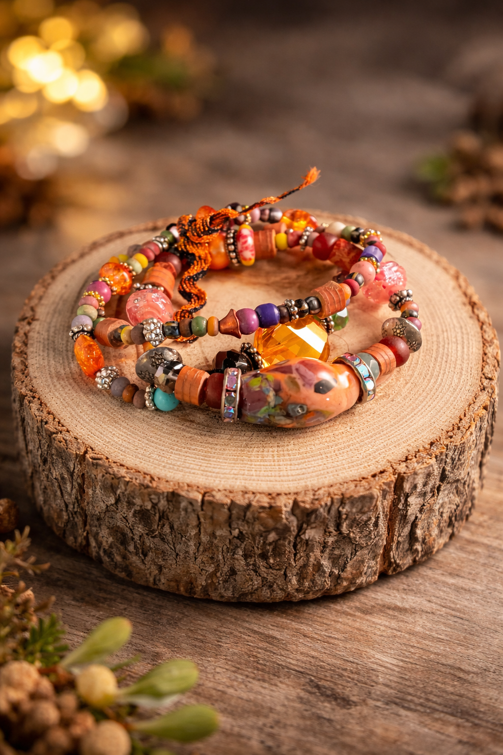 Boho Artisan Trio Wrap Bracelet Set – Hand-Blown Glass Focal Bead with Crystal & Mixed Beads