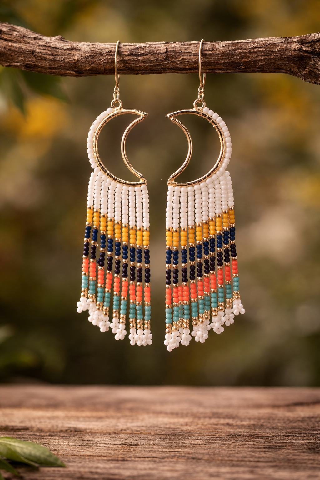 Boho Beaded Fringe Hoop Earrings – Gold Crescent Hoops with Southwestern Seed Bead Fringe