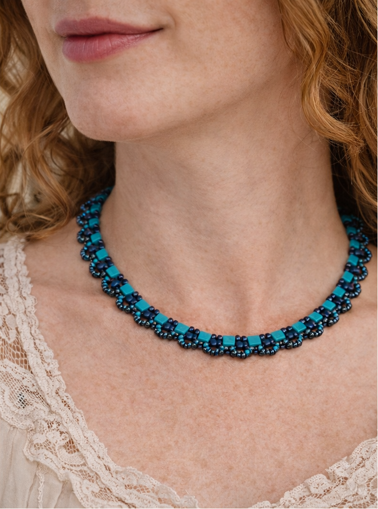 Turquoise Tila Bloom Necklace – Handwoven Beaded Statement with Magnetic Clasp (21”)