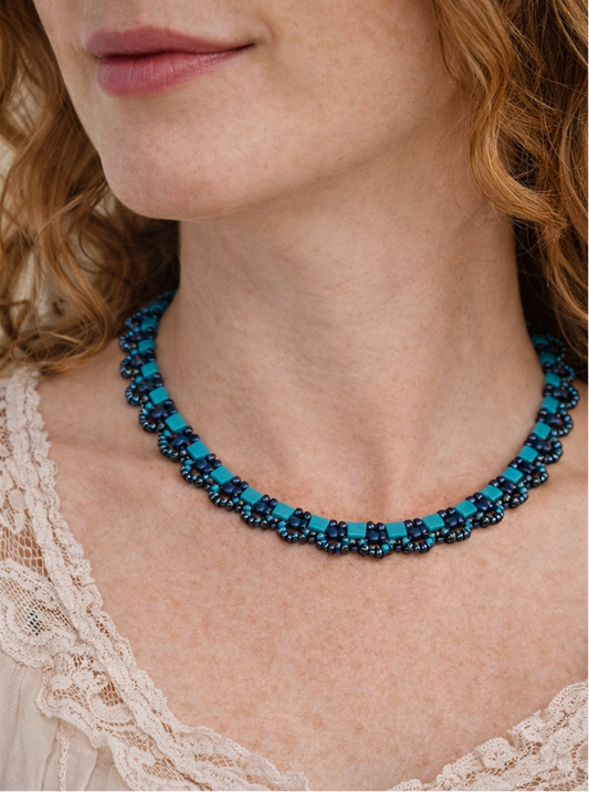 Turquoise Tila Bloom Necklace – Handwoven Beaded Statement with Magnetic Clasp (21”)