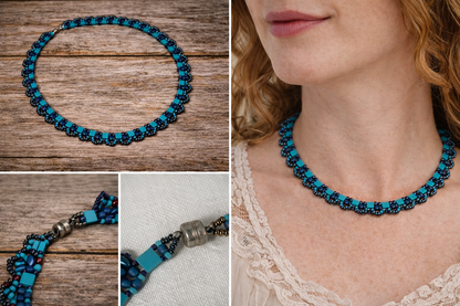 Turquoise Tila Bloom Necklace – Handwoven Beaded Statement with Magnetic Clasp (21”)