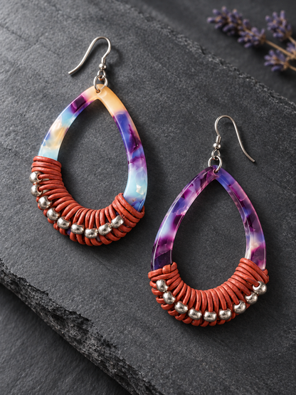 Marbled Resin, Leather and Silver Bead Drop Earrings
