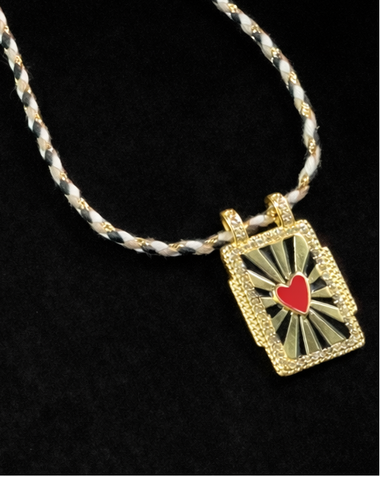Gold Sunburst Heart Pendant Necklace – Adjustable 16” Necklace with Red Heart Charm