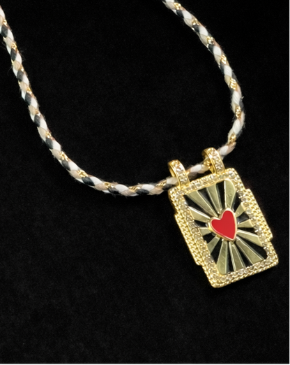 Gold Sunburst Heart Pendant Necklace – Adjustable 16” Necklace with Red Heart Charm