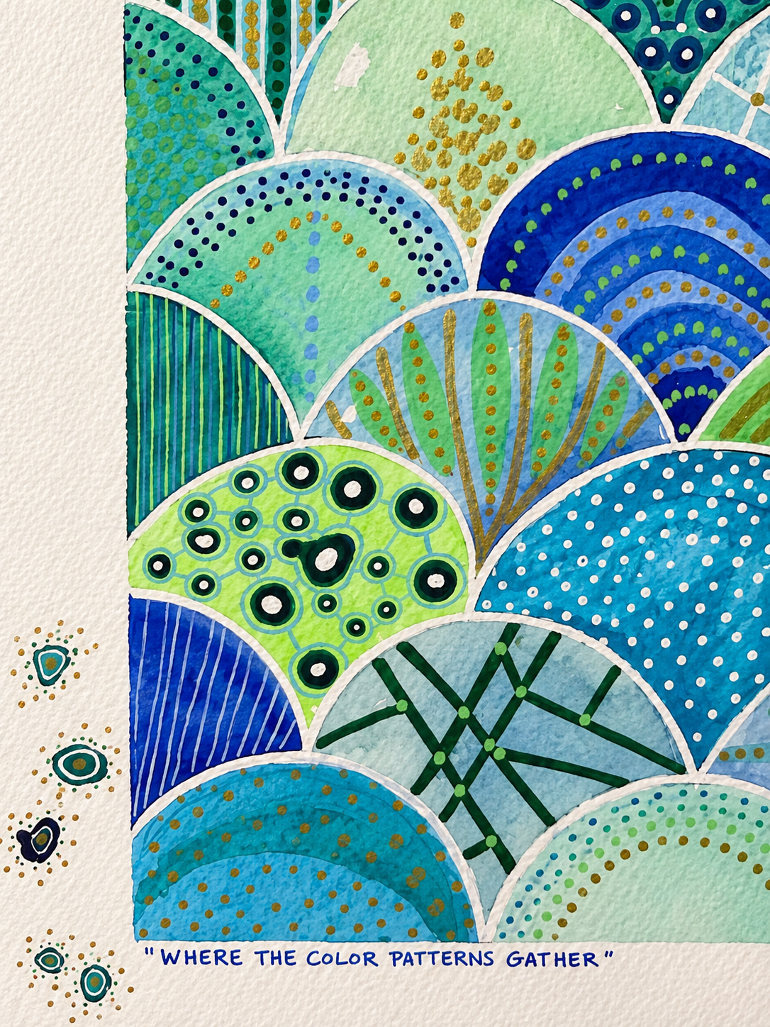 Where the Color Patterns Gather – Blue & Green Framed Watercolor Painting