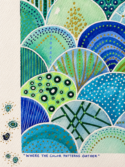 Where the Color Patterns Gather – Blue & Green Framed Watercolor Painting