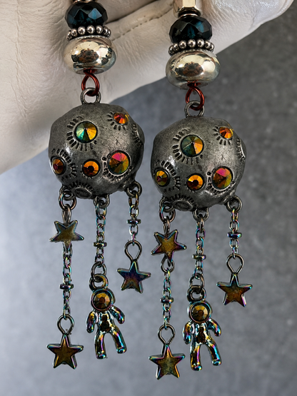 Planet and Astronaut Dangle Earrings with Stars, Rhinestones and Space Charms