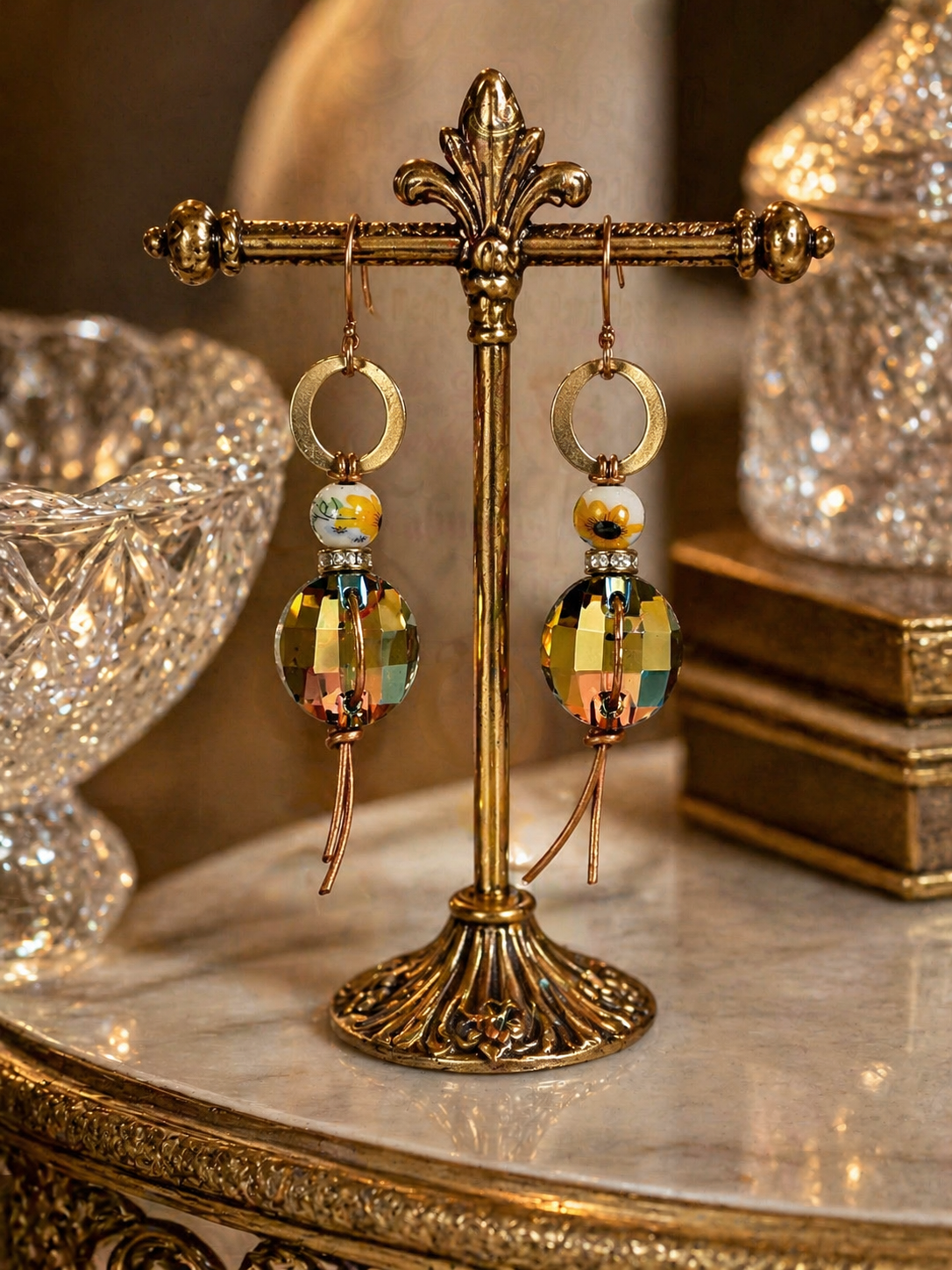 Golden Daisy Drift Earrings – Austrian Crystal & Leather Fringe Drops