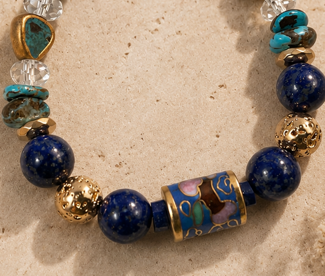 Handmade Turquoise and Lapis Bracelet | Cloisonné Barrel Bead | Crystal Quartz | 7 3/4" Inch Artisan Jewelry (Copy)