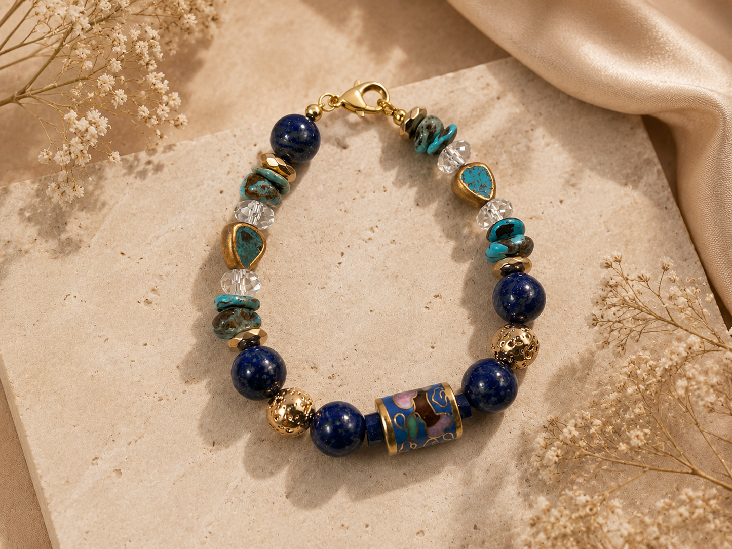 Handmade Turquoise and Lapis Bracelet | Cloisonné Barrel Bead | Crystal Quartz | 7 3/4" Inch Artisan Jewelry (Copy)