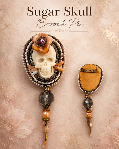Hand Beaded Carved Ivory Skull Brooch with Vintage Crystal & Leather Backing