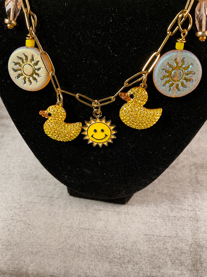 Gold Paperclip Chain Duck Charm Necklace with Vintage Crystals, Enamel Sun Charm & Czech Glass Beads