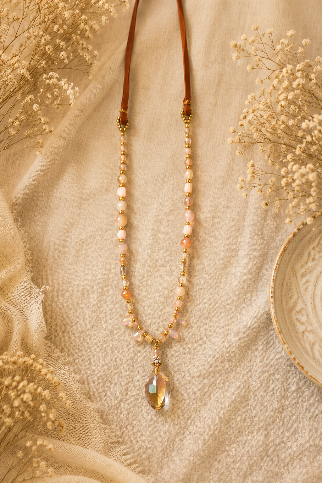 Handmade Deerskin Leather Necklace with Swarovski Crystal Pendant & Amber Crystal Accent