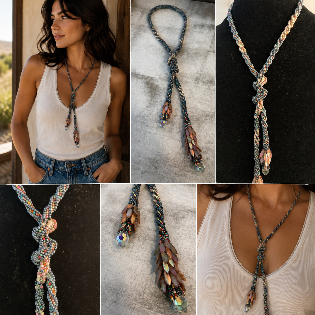 Handmade Beaded Lariat Necklace – 36” Spiral Rope with Dagger Beads & Vintage Crystals