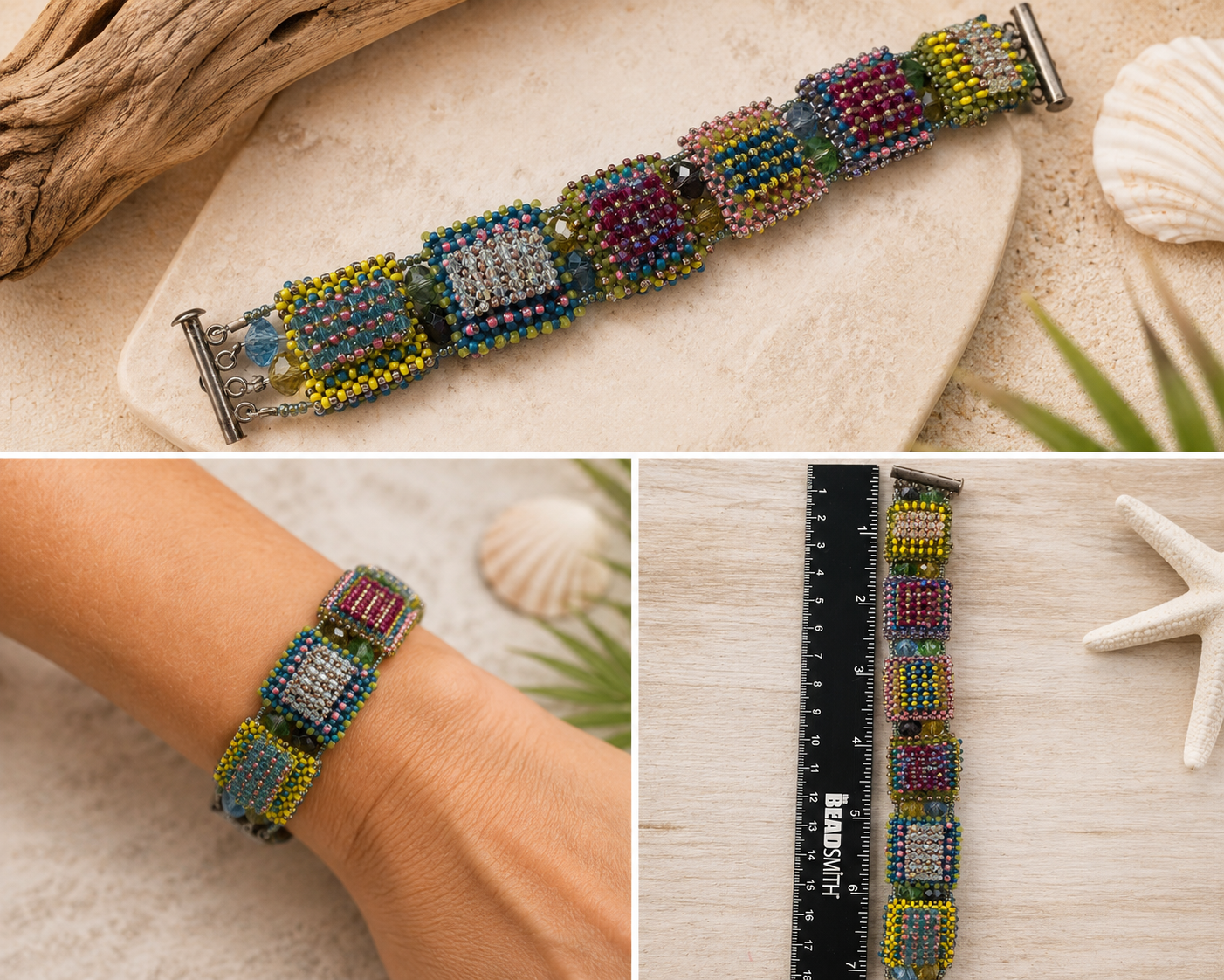 Hand Beaded Right Angle Weave Bracelet with Crystal Squares – Multicolor Statement Bracelet