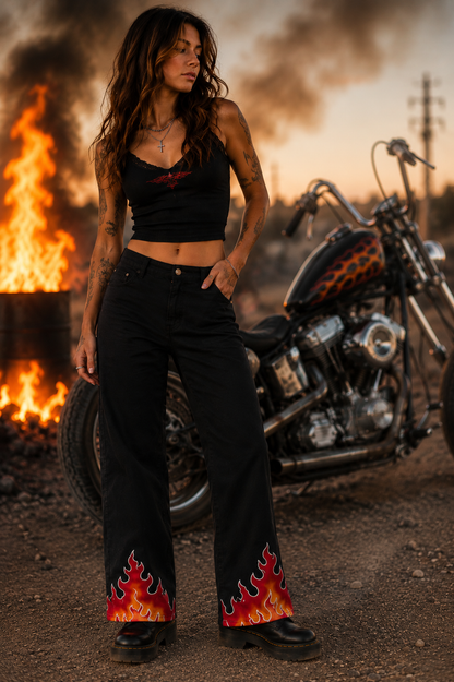 Carrie Daway Flame Stretch Pants XL | Handmade Black Cotton Lycra Flare Pants with Sturgis Rhinestones