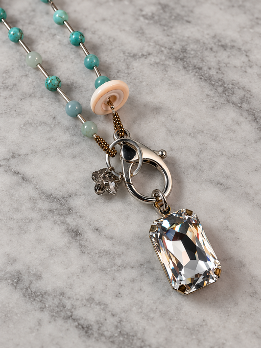 32-Inch Turquoise Jasper Necklace with Seashell, Swarovski Butterfly & Removable Rhinestone Pendant