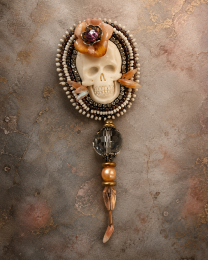 Hand Beaded Carved Ivory Skull Brooch with Vintage Crystal & Leather Backing