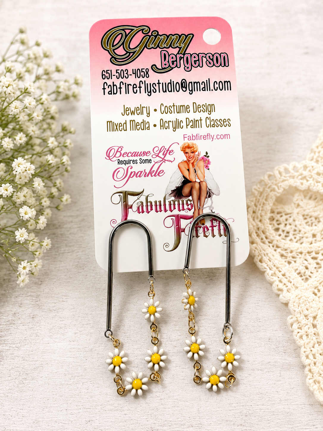 White Daisy Drop Earrings | Boho Floral Chain Earrings with Gold Accents