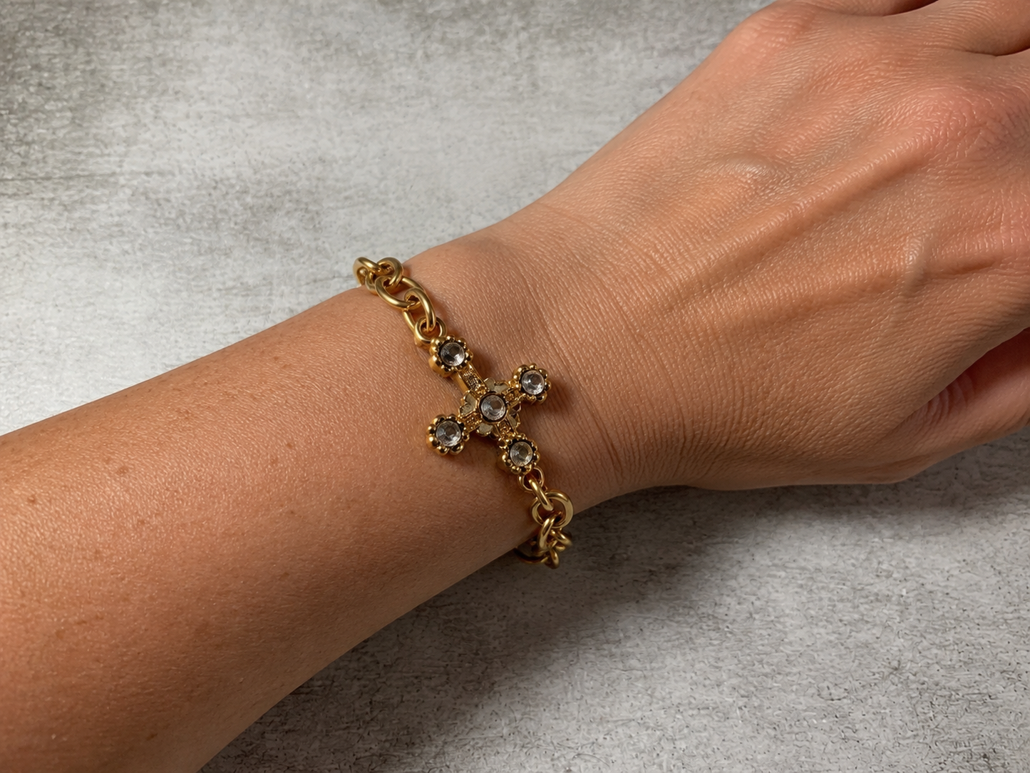 Gold Plated Cross Bracelet with Rhinestones 7.5 Inch Chain Bracelet Lobster Clasp Christian Jewelry