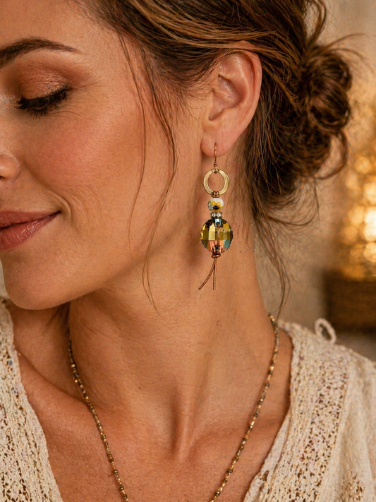 Golden Daisy Drift Earrings – Austrian Crystal & Leather Fringe Drops