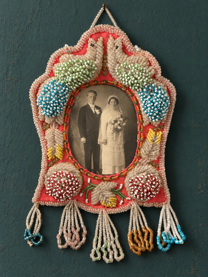 Vintage Beaded Picture Frame with Original Wedding Photograph