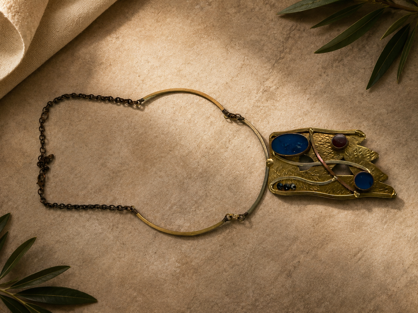 Midnight Blue Abstract Brass Statement Necklace