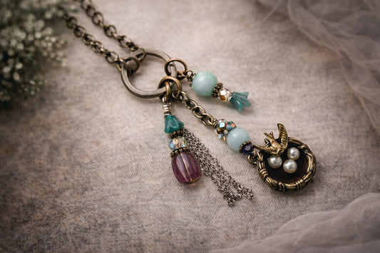 Nest of Wishes Necklace - 38" Boho Charm Necklace with Bird & Pearls