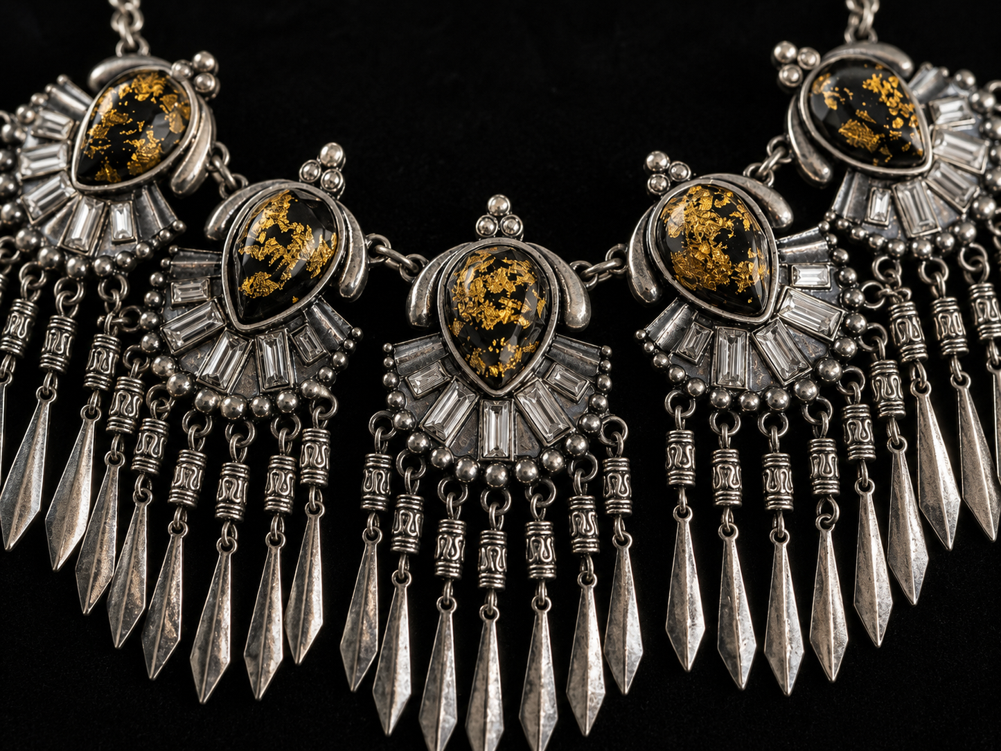 Vintage Silver Fringe Necklace with Gold Fleck Crystal Cabochons and Baguette Rhinestones