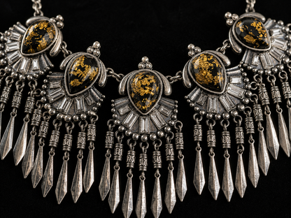 Vintage Silver Fringe Necklace with Gold Fleck Crystal Cabochons and Baguette Rhinestones