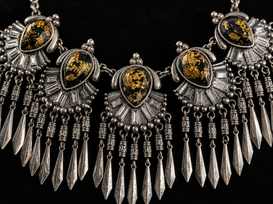 Vintage Silver Fringe Necklace with Gold Fleck Crystal Cabochons and Baguette Rhinestones