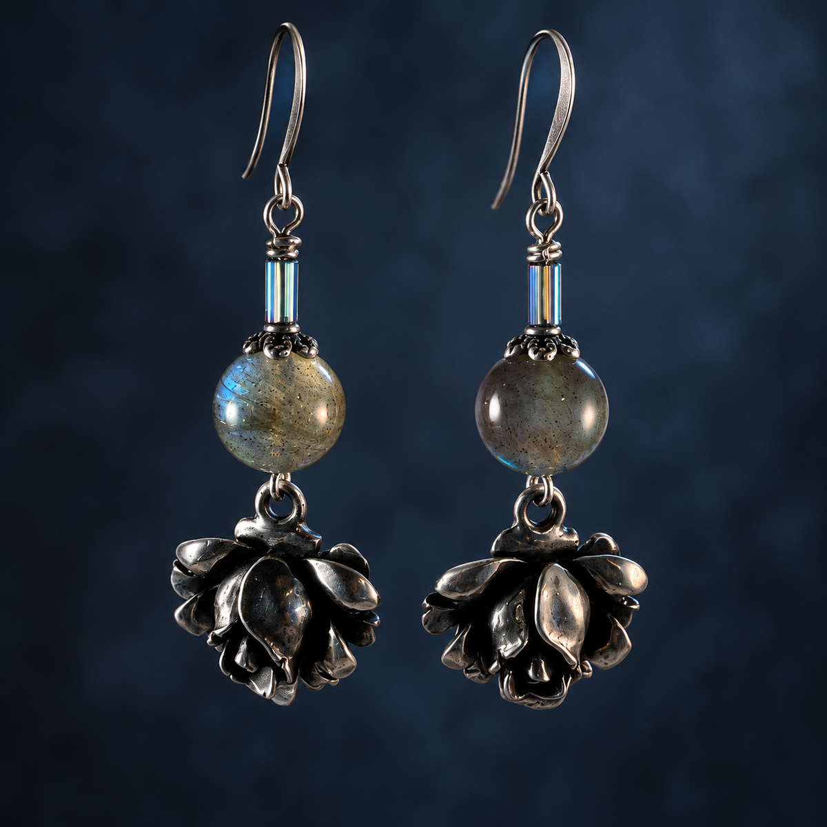 After Dark Hematite & Silver Rose Earrings