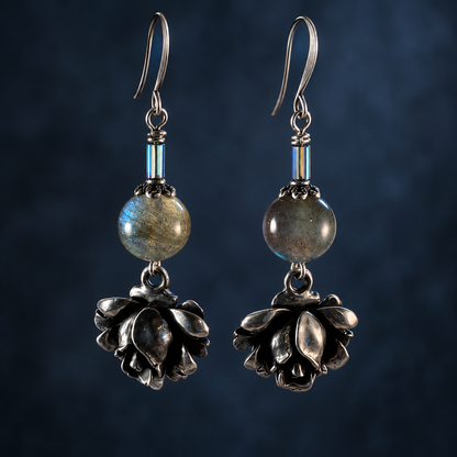 After Dark Hematite & Silver Rose Earrings