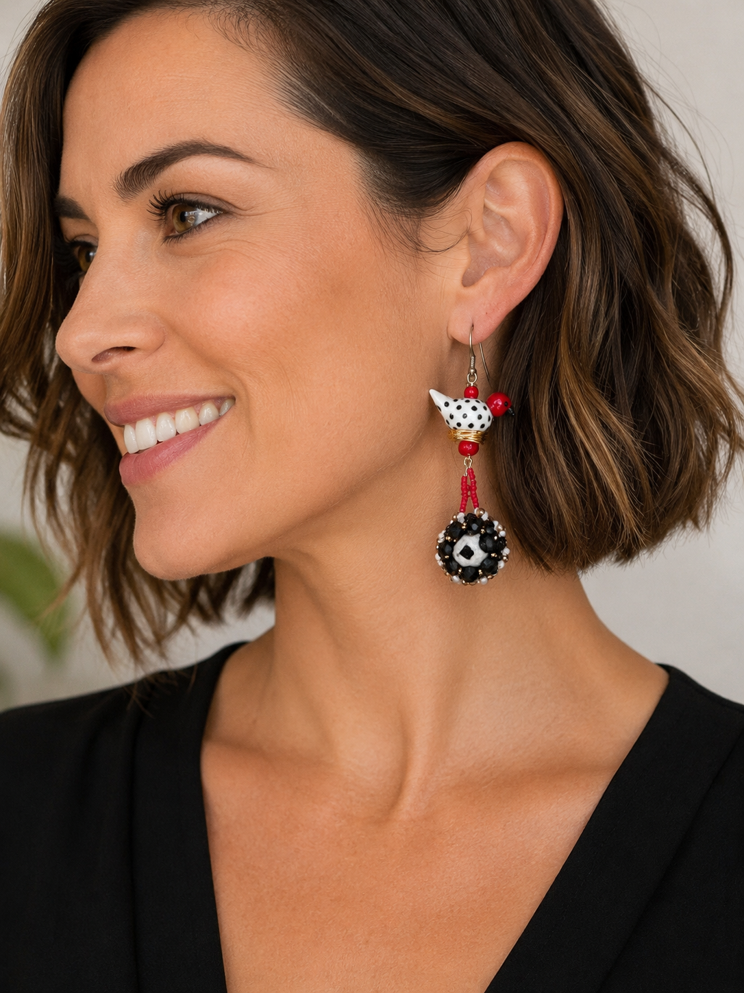 Hand Blown Glass Bird Earrings | Black & White Beaded Dangle Earrings | Artisan Wire Nest Jewelry