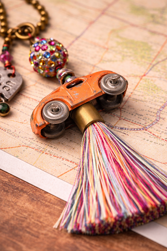 Vintage Vroom Antique Toy Car Necklace – Hand Stamped Heart Charm – 30” Antique Ball Chain