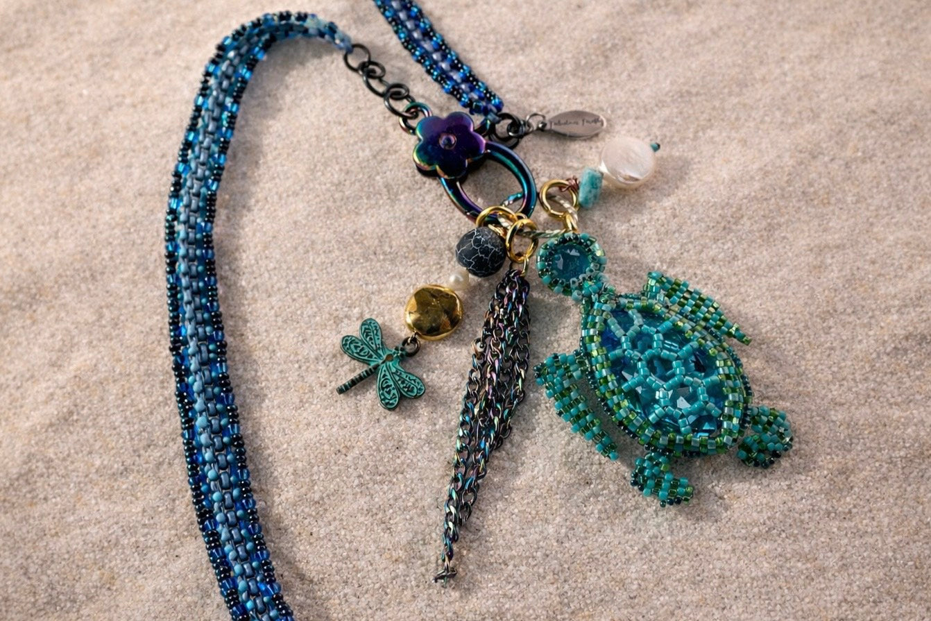Sea Glass & Tides Beaded Necklace with Sea Turtle Charm
