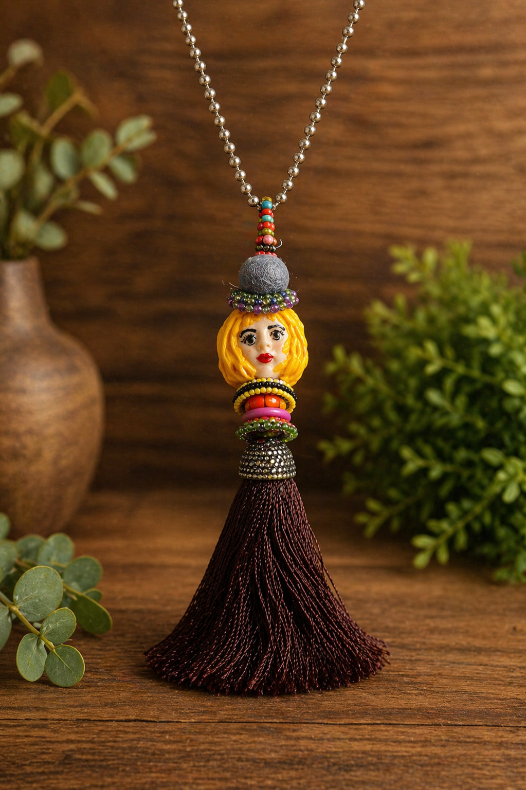Boho Poppy Doll Tassel Necklace – Blown Glass Face & Hand-Beaded Collar on 4mm Silver Ball Chain