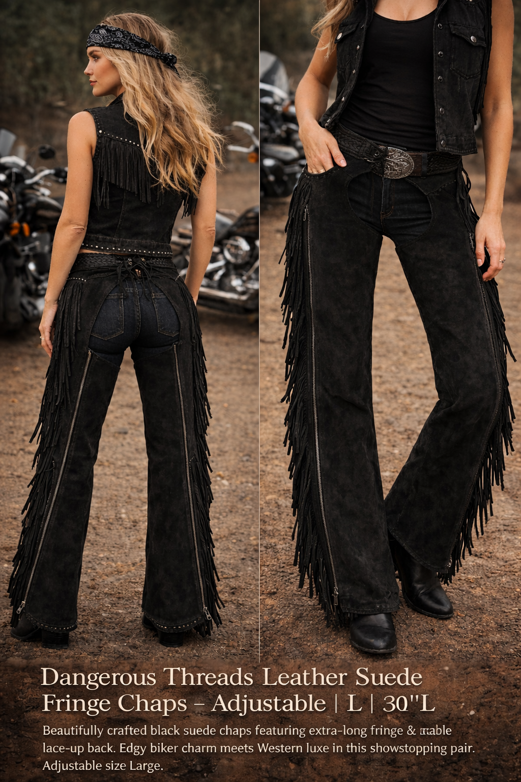 Black Suede Fringe Leather Chaps – 31” Length | Adjustable L/XL | Western Biker Statement